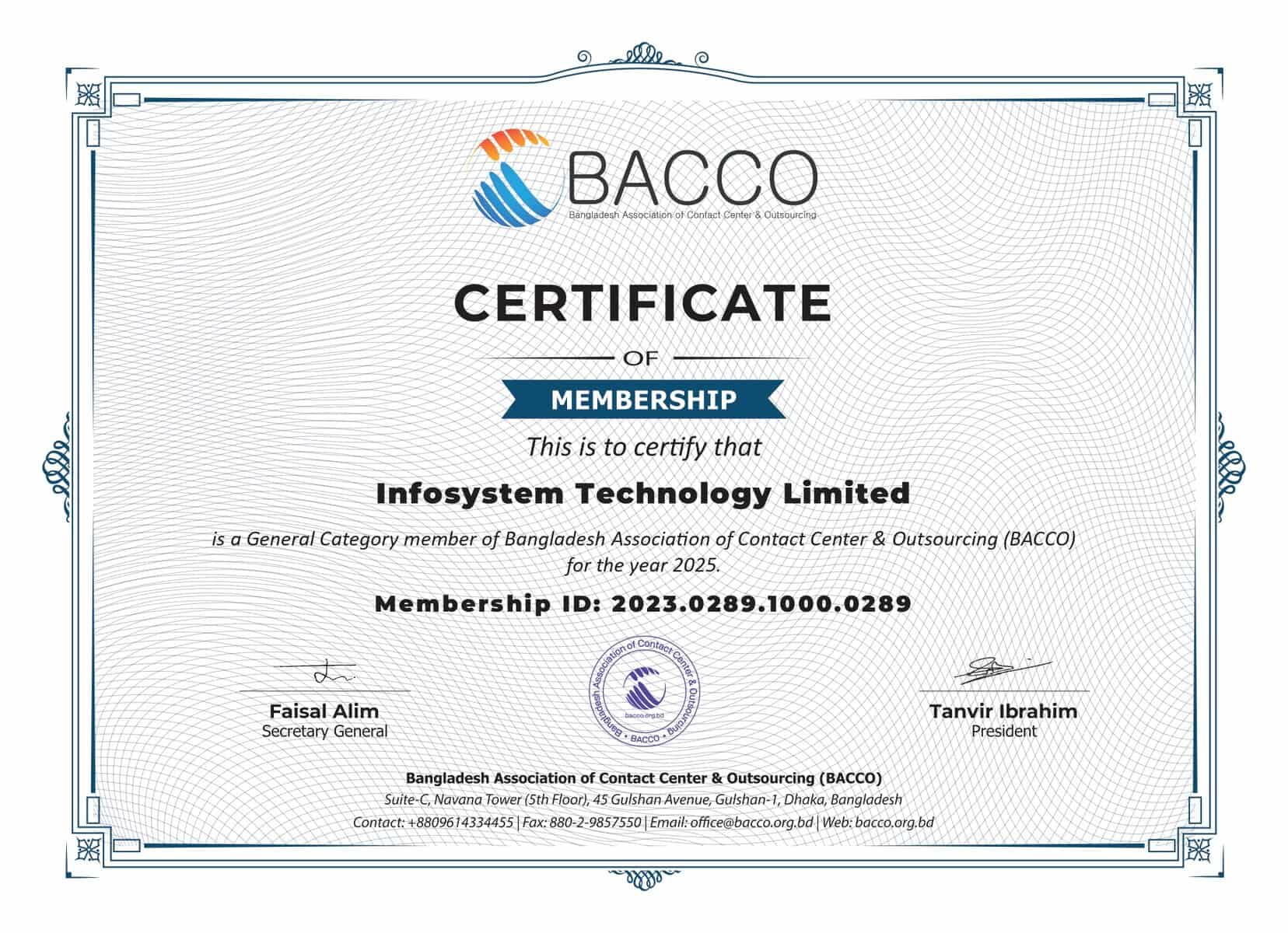 Infosystem Technology Limited - bacco membership certificate 2025 infosystem technology limited page 0001