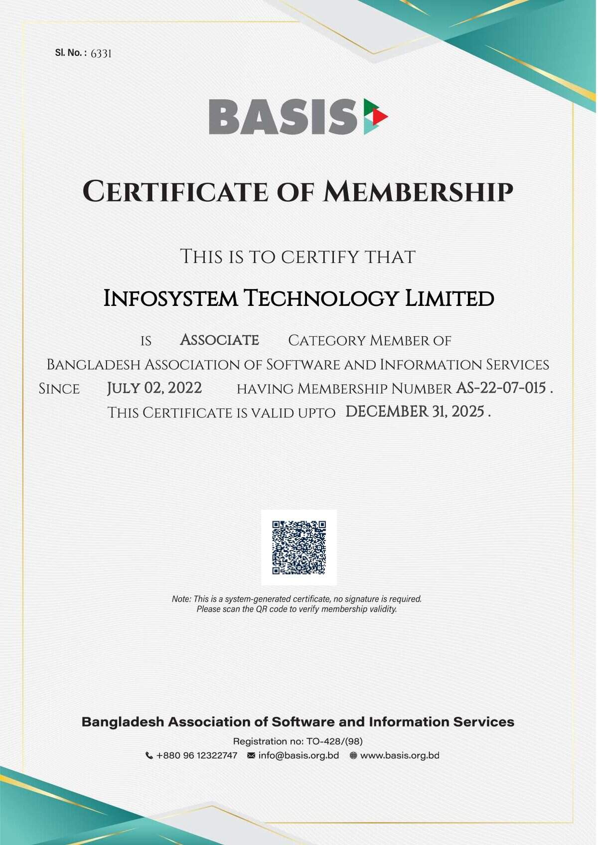 Infosystem Technology Limited - basis certificate infosystem 2025 page 0001